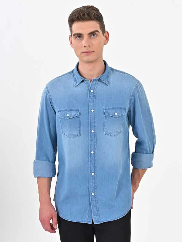 Indian Terrain Men's Regular Fit Full Sleeve Solid Blue Shirt
